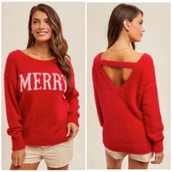 Red Merry Soft Fuzzy Eyelash Christmas Holiday Knit Pullover Sweater - Picture 4 of 10